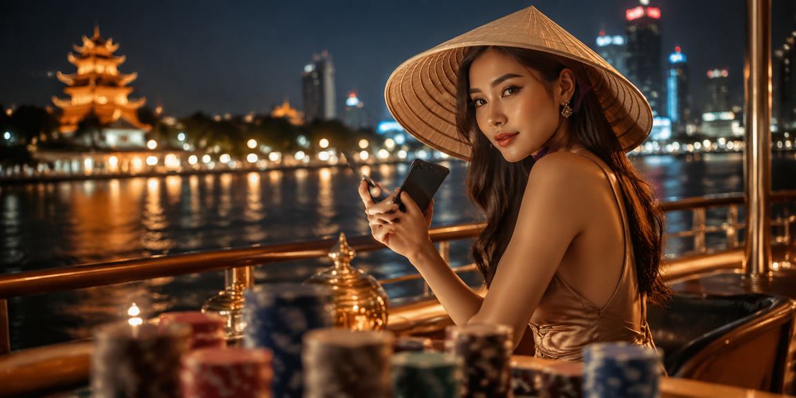 Người chơi casino trên điện thoại với nón lá truyền thống tại Sài Gòn